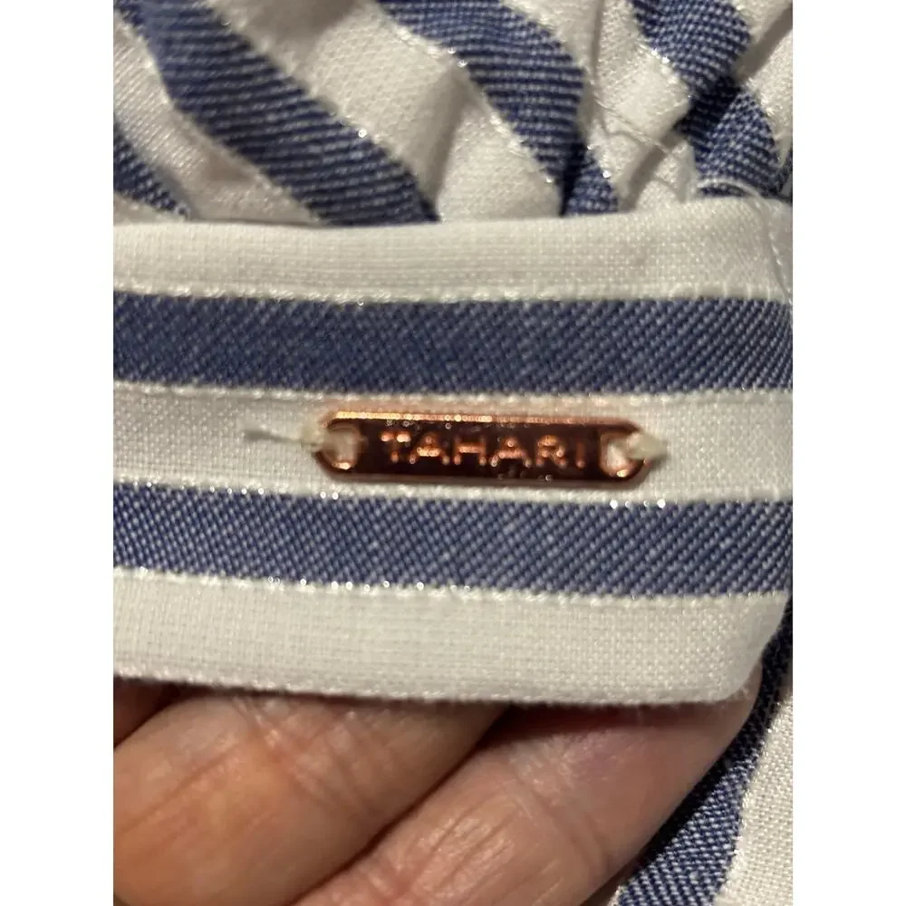 Tahari 8 blue white metalic stripe palazzo pants tank matching set stripe nwot